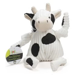 HuggleHounds Barnyard Durable Plush Corduroy Knottie Cow Squeaky Dog Toy