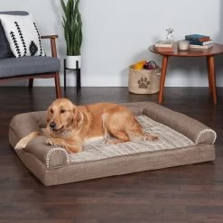 FurHaven Luxe Fur & Performance Linen Cooling Gel Top Sofa Cat & Dog Bed With Removable Cover