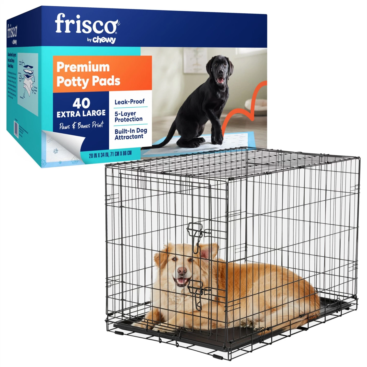 Frisco Fold & Carry Single Door Collapsible Wire Dog Crate & Frisco Premium Extra Large Printed Dog Training & Potty Pads