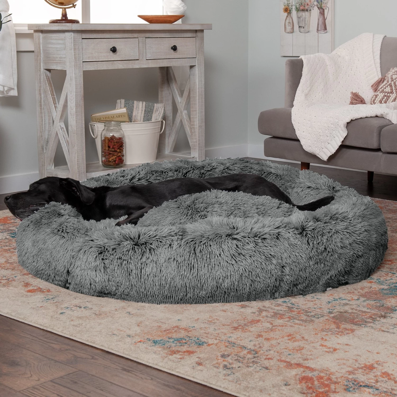 FurHaven Calming Cuddler Long Fur Donut Bolster Dog Bed