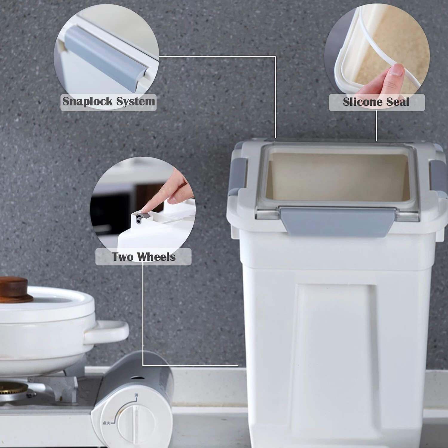 Hanamya Pet Food Storage Container With Measuring Cup, White & Gray - Image 2