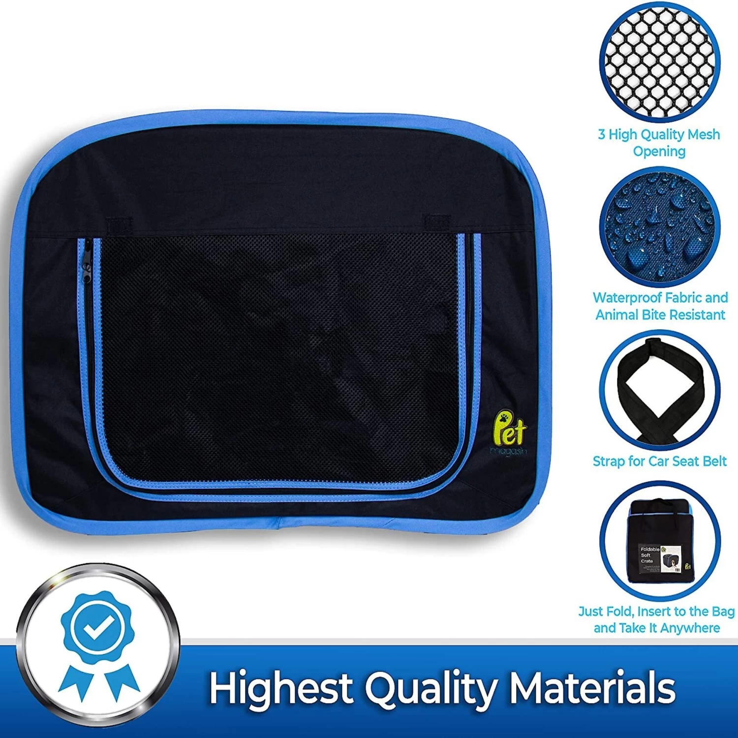 Pet Magasin Foldable Soft Dog Crate, Black & Blue - Image 2