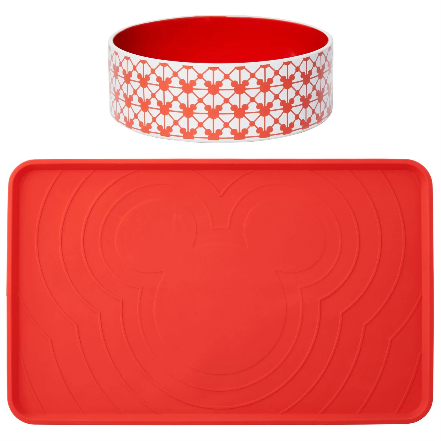 Disney Mickey Silicone Dog & Cat Food Mat & Disney Mickey Mouse Red Deco No-Skid Ceramic Dog & Cat Bowl