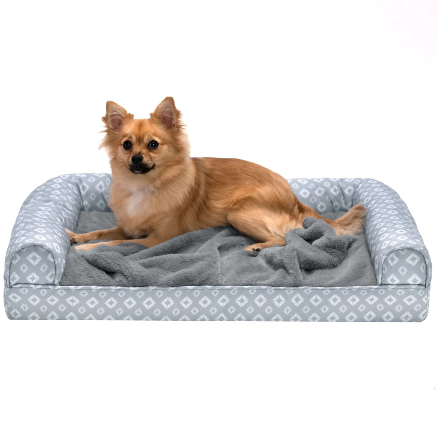 FurHaven Plush Fur & Diamond Print Nest-Top Orthopedic Sofa Cat & Dog Bed - Image 4