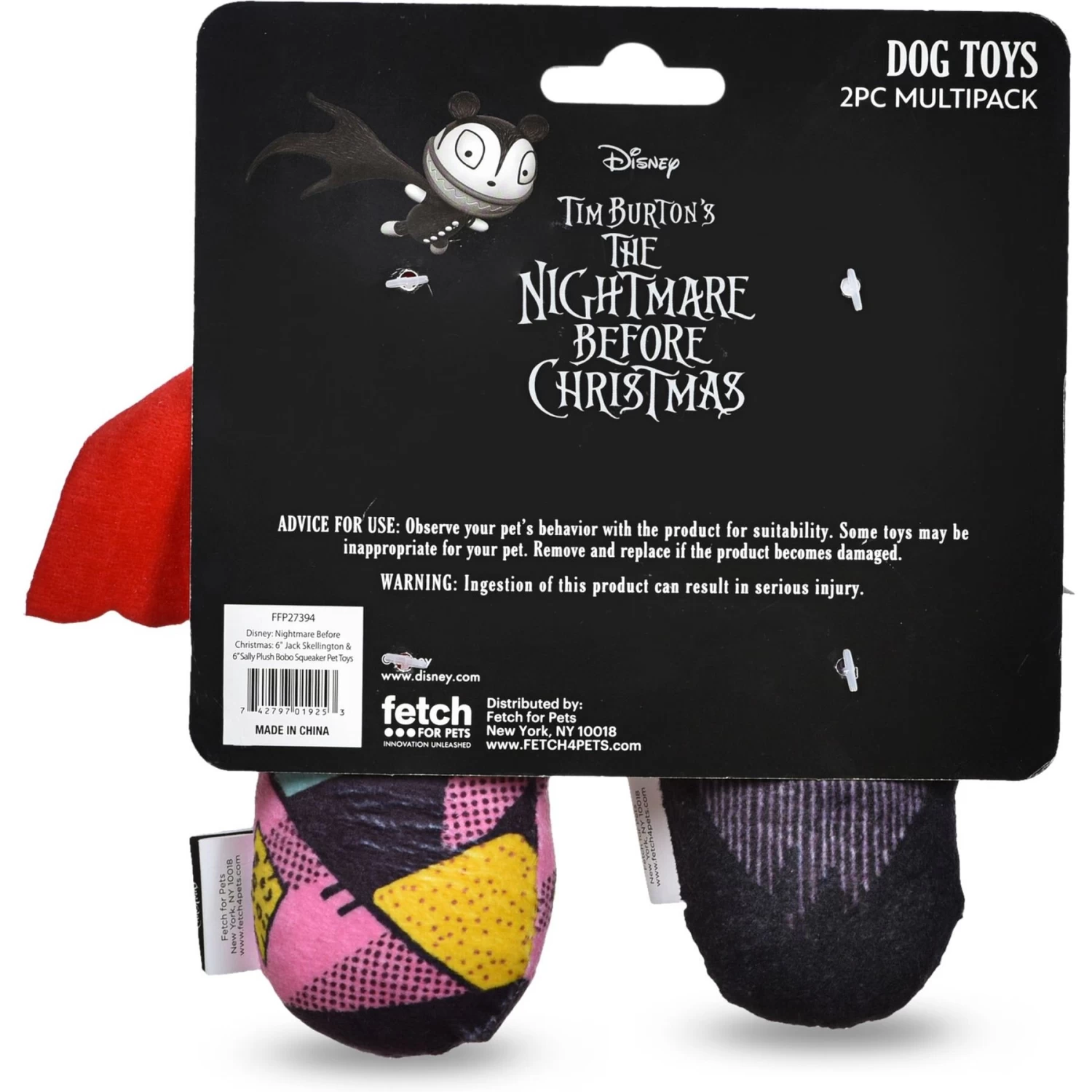 Fetch For Pets Disney Nightmare Before Christmas Halloween Jack And Sally Bobo Dog Plush Toy, 6-in, 2 Count - Image 3