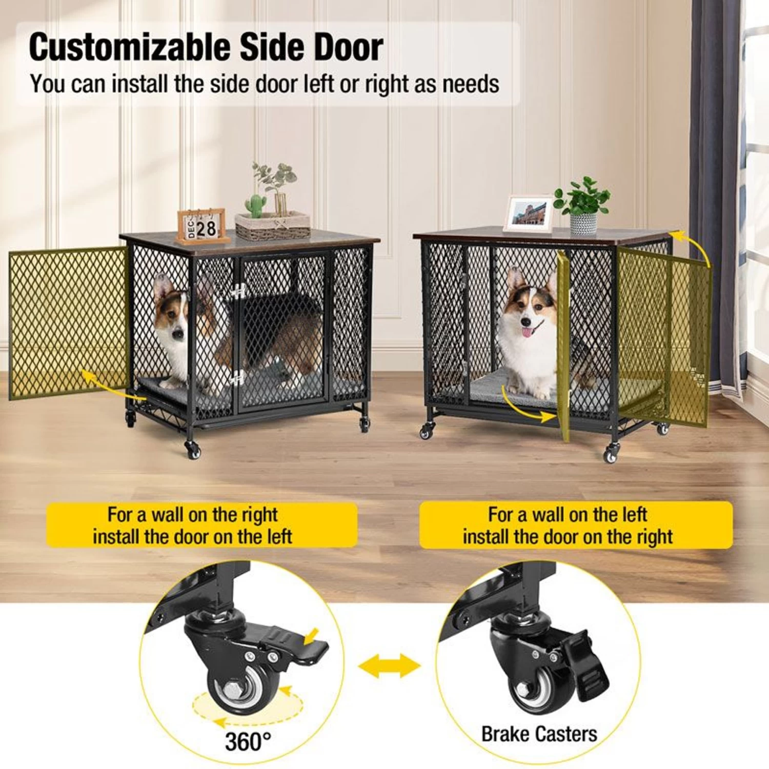 Aivituvin Side End Table Furniture Style Dog Crate With Tray, Cushion & Casters - Image 3
