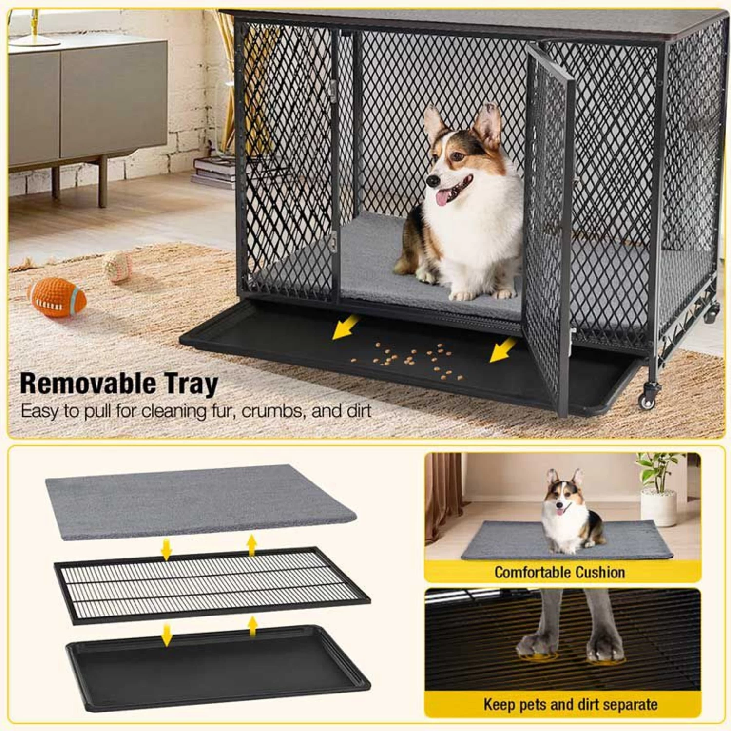 Aivituvin Side End Table Furniture Style Dog Crate With Tray, Cushion & Casters - Image 4