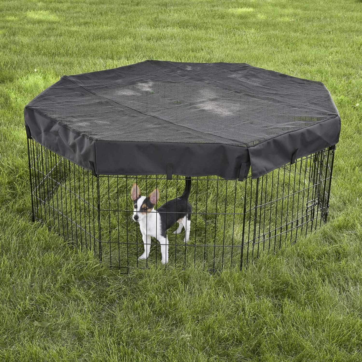 MidWest Wire Dog Exercise Pen With Step-Thru Door, Black E-Coat & MidWest Exercise Pen Top Fabric Mesh Sunscreen Accessory, Octagonal Configuration, Black - Image 8